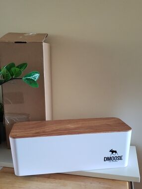 Original DMoose  Cord Cable Management Storage Box - White W/ Faux Woodgrain Lid